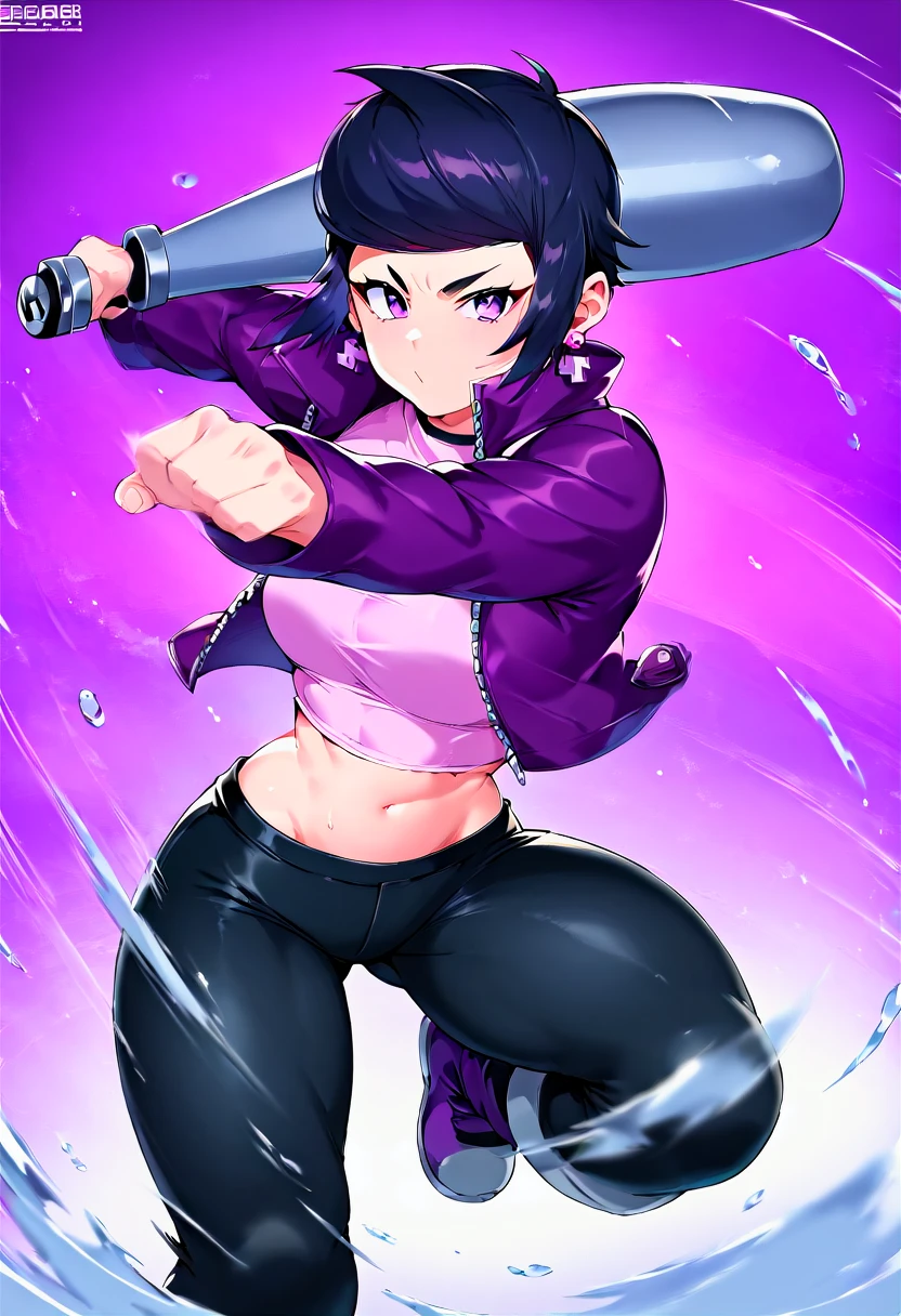 score_9, score_8_up, score_7_up, source_anime,
bibiBS, 1girl, solo, athletic body, purple eyes, black hair, short hair, cross earrings, purple jacket, crop jacket, long sleeves, crop top, pink top, midriff, black pants,
baseball bat, movement, motion blur, swinging, foreshortening, dynamic pose,
best_quality, masterpiece, anime style