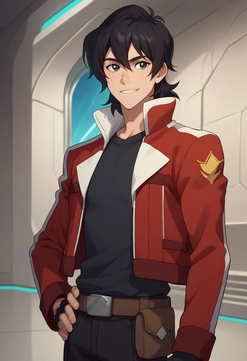 score_9, score_8_up, score_7_up, source_anime, highly detailed, 
keith, 1boy, solo, male focus, fingerless gloves, gloves, hand on hip, black hair, black eyes, medium hair, jacket, red jacket, smile, belt, pouch, upper body,
indoor, aerospace base