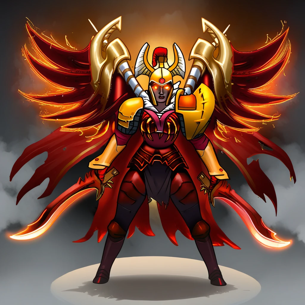 legion commander arcana, legion commander arcana \(dota 2\), 1girl, solo, red eyes, holding, weapon, wings, horns, sword, cape, armor, glowing, helmet, shoulder armor, glowing eyes, dual wielding, full armor