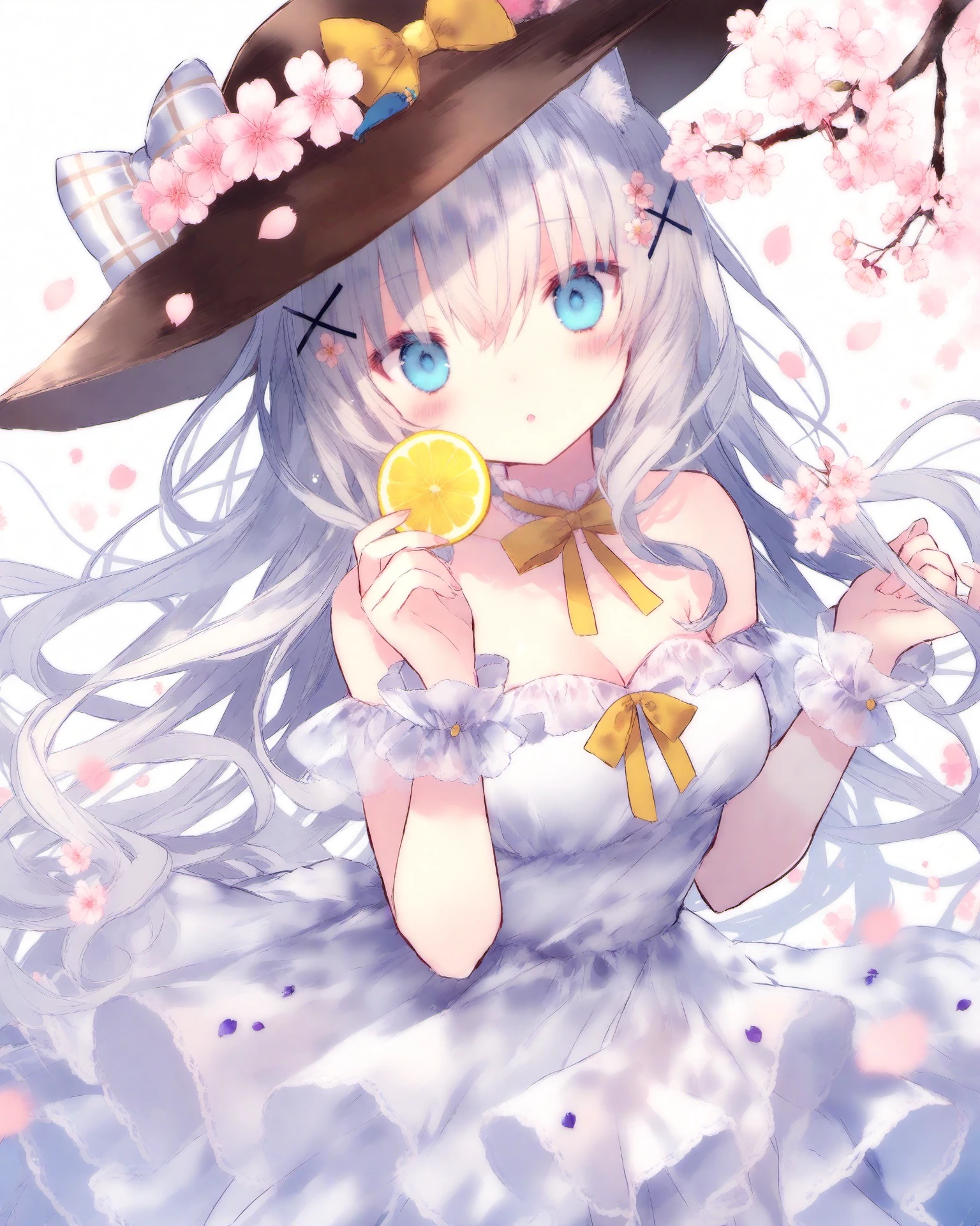 Best-A,onineko,1girl, bare_shoulders, blue_eyes, blush, branch, breasts, brown_hat, cherry_blossoms, cleavage, commentary, dress, english_commentary, food, fruit, hair_between_eyes, hair_ornament, hairclip, hat, head_tilt, highres, holding, holding_food, lemon, lemon_slice, long_hair, looking_at_viewer, medium_breasts, onineko, original, parted_lips, ribbon, see-through, silver_hair, solo, strapless, strapless_dress, transparent, very_long_hair, water_drop, white_background, white_dress, wrist_cuffs, x_hair_ornament, yellow_ribbon