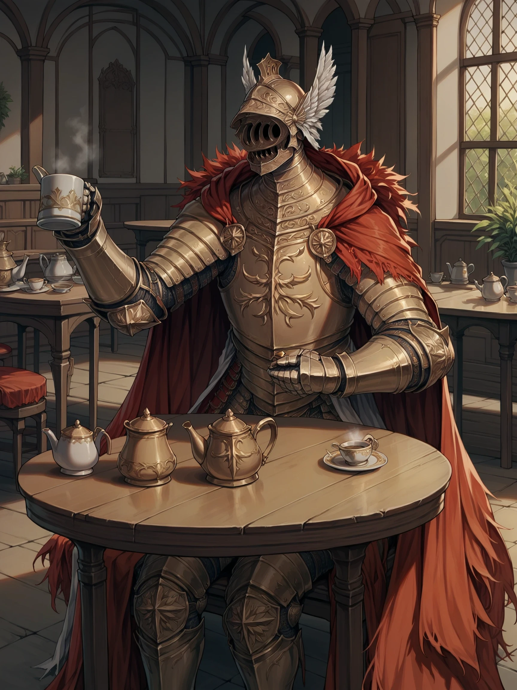 CleanrotKnight, armor,  red cape, cape, breastplate, gauntlets, pauldrons, 1girl, solo, winged helmet, sitting, holding mug, tea pot, table, indoors,

score_9, score_8_up, score_7_up, Masterpiece, source_anime