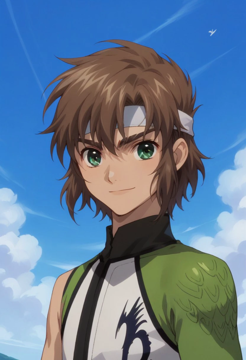 score_9, score_8_up, score_7_up, source_anime, highly detailed, 
ryu, brown hair, green eyes, gloves, 1boy, smile, headband, male focus,
solo, sky, upper body, black gloves, day, blue sky, pilot uniform,