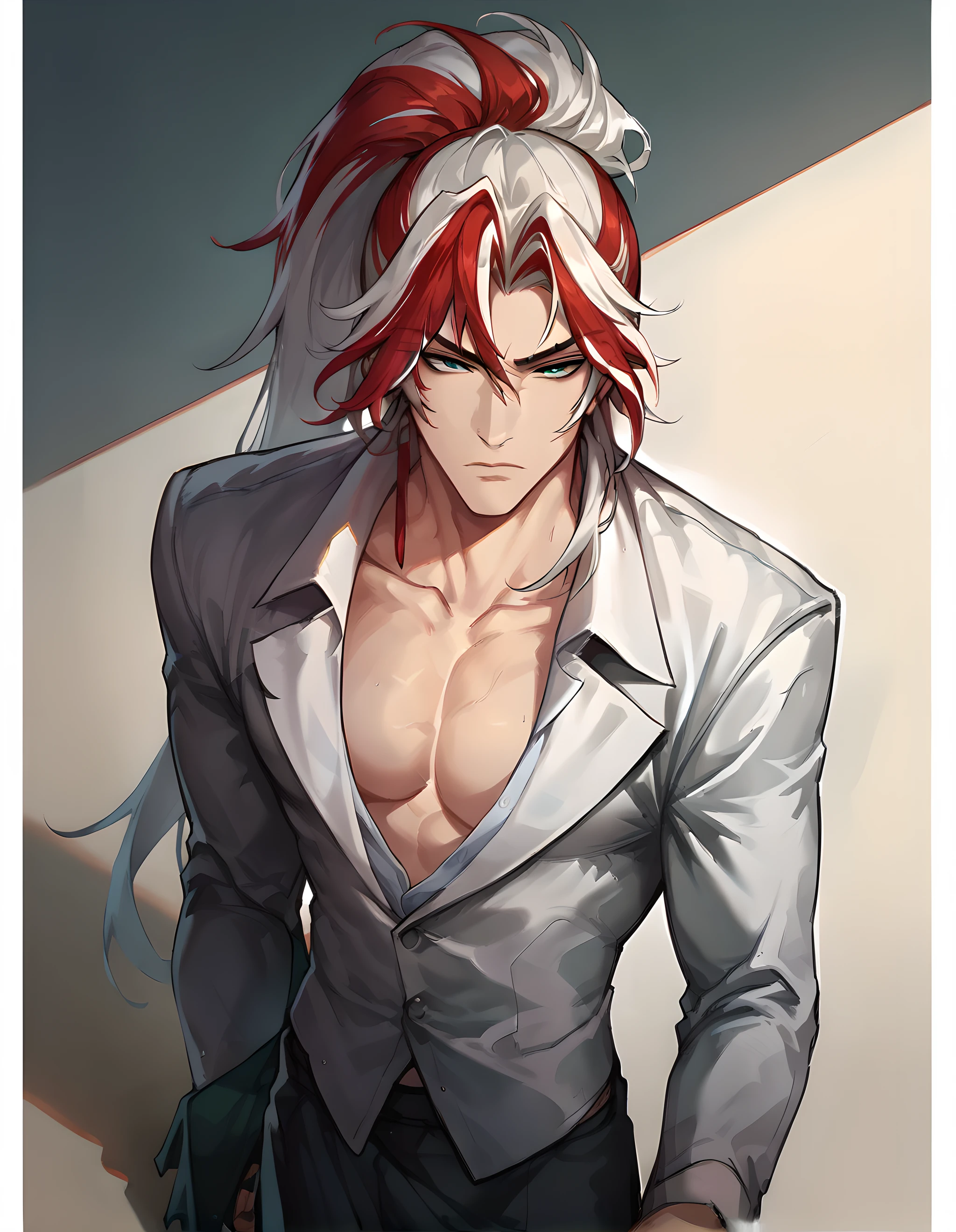 score_9, score_8_up, score_7_up, hs yone, long hair, green eyes, shirt, jacket, ponytail, white hair, male focus, red hair, solo focus, 1boy, streaked hair, formal, pectorals, pectoral cleavage, <lora:Heartsteel_Yone_v1:0.85>, ( cowboy shot), from above