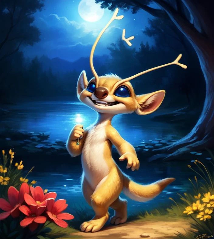 <lora:SparkyExpLilStitN:1>  SparkyExpLilStitN, (  blue eyes, antennae, tail, yellow fur, solo,  ), [ forest, grass, night, stars, lake, waterfall, clear water, evening, moon shining, reflection in water, clouds, flowers, blanket, blue pillows, candles, bed, pillows, ],
(beautiful, aesthetic, perfect, delicate, intricate), masterpiece, digital drawing, best quality,    (walking ) smile
by ulitochka, by taran fiddler, by Silverfox5213, by personalami,