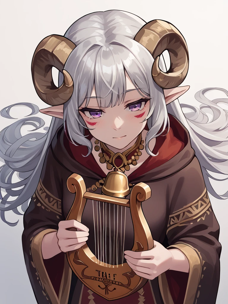 <lora:lyre_r1:0.8> lyre, greek_lyre, holding_instrument,   looking at viwer,from above  , 
<lora:whisker_markings:0.8>red whisker_markings 
, source_furry, score_7_up, rating_safe, cowboy shot, gold necklace, tiefing, short pointed ears, brown horns, (a pair of brown sheep Horns that begin at her temples and curve back: 1.5), bangs, long silver hair long wavy hair, pale skin, ,short pointy ears, purple eyes, <lora:age_slider_v4:0.6>   medium breasts, skinny female, close up, silver hair, <lora:Tieflingnew weird fantasyDND:0.3> Tiefling, pointed ears, horns, half-closed eyes<lora:Smooth Style 2 SDXL_LoRA_Pony Diffusion V6 XL:0.5> bell, robe, hood off,