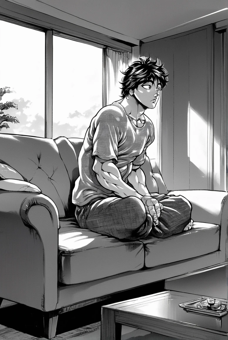 score_9, score_8_up, score_8,    <lora:Itagaki_V3:0.8> itagakisty1e, monochrome, greyscale, 1boy, sitting on couch, living room, window, solo,