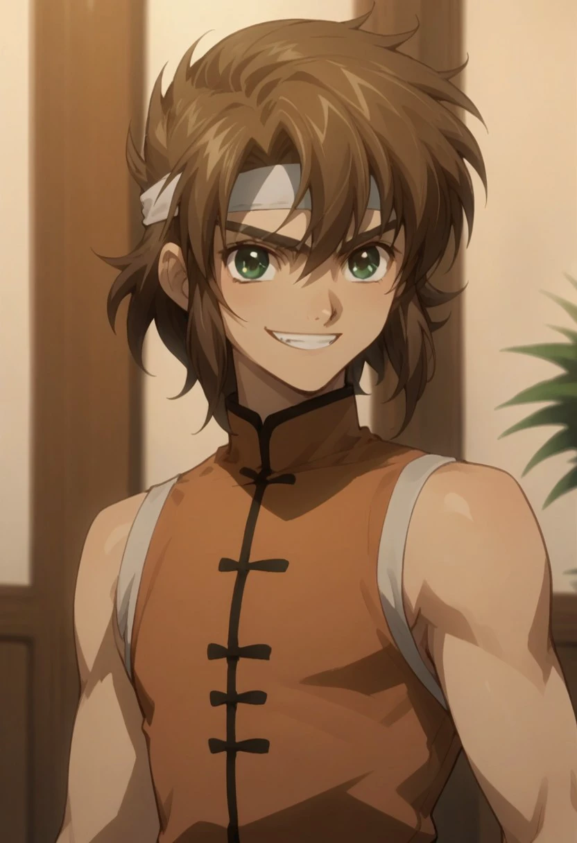 score_9, score_8_up, score_7_up, source_anime, highly detailed, 
ryu, 1boy, male focus, solo, brown hair, green eyes, headband, chinese clothes, sleeveless, wristband, smile, grin,