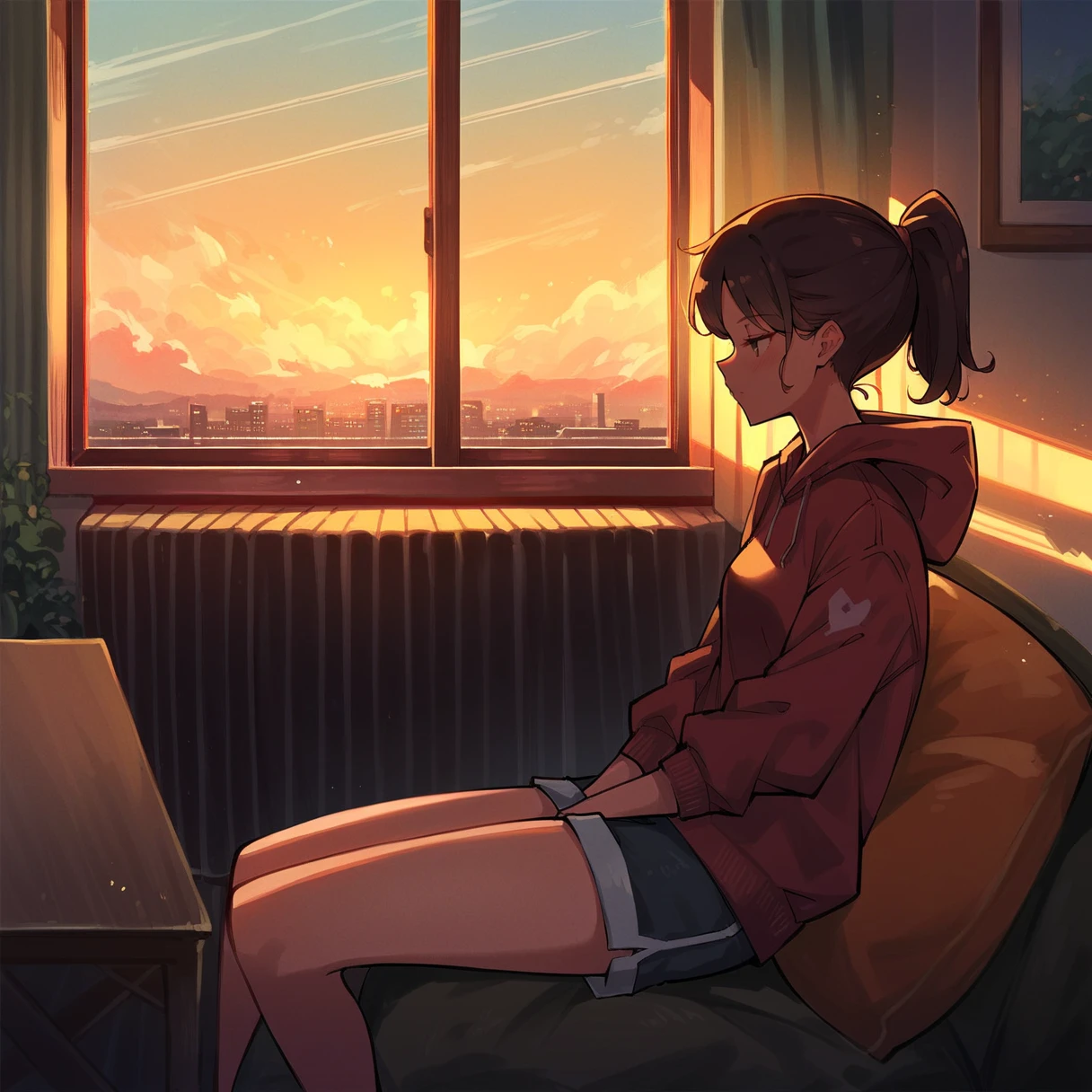 masterpiece, best quality,
1girl, shorts, hoodie, indoors, sitting, window, sunset, ponytail
flat shading,