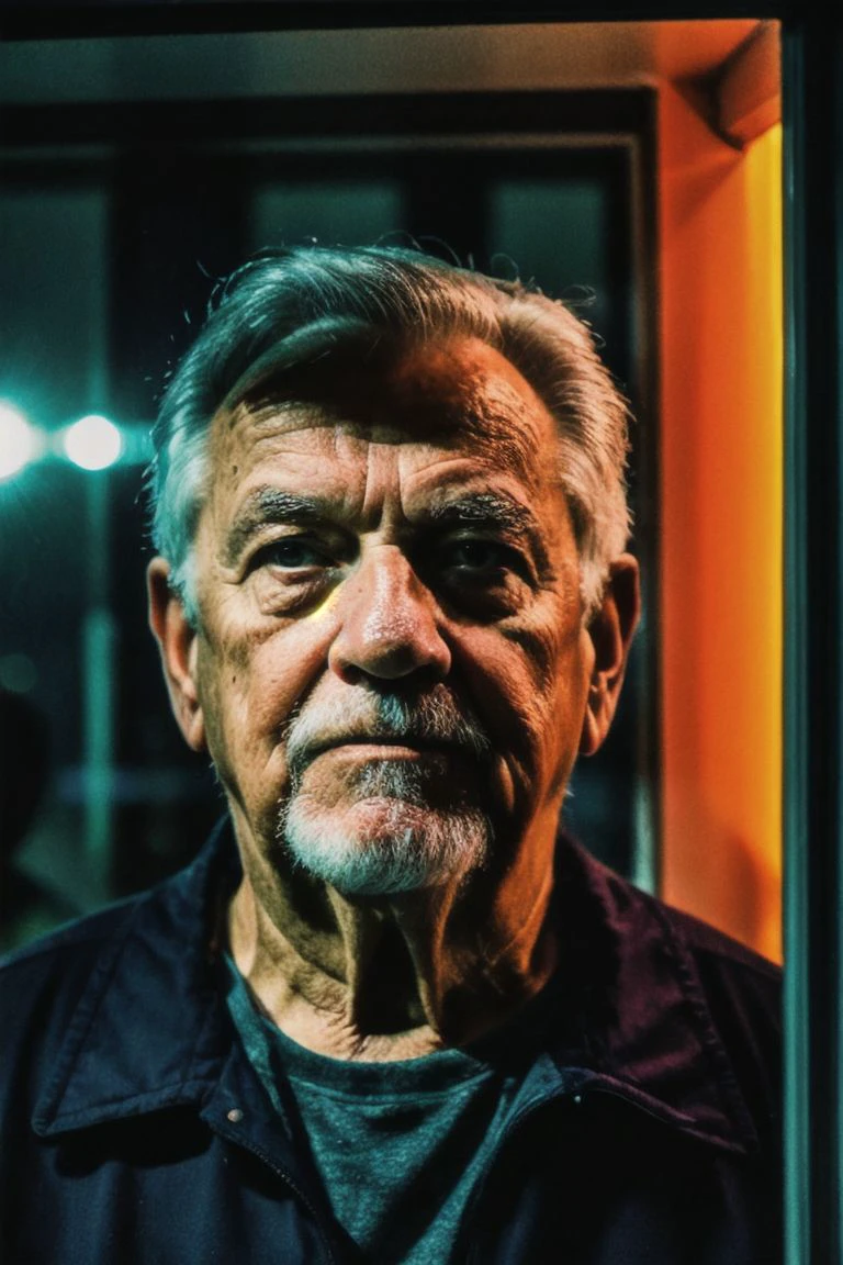 8k, RAW Editorial Photo,
double exposure portrait photoshoot of a old man in a studio, capturing outside the window glass with street reflection over the window and bokeh lights. shot with sony a7iv at F1.5, teal blue and orange color tones, dark melancholic atmosphere.