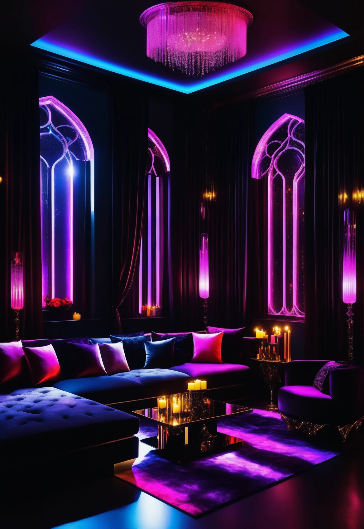 masterpiece, high quality,, a reij-mg living room, dark ambient light, neon lights <lora:reij-moderngothic-000006:0.8>