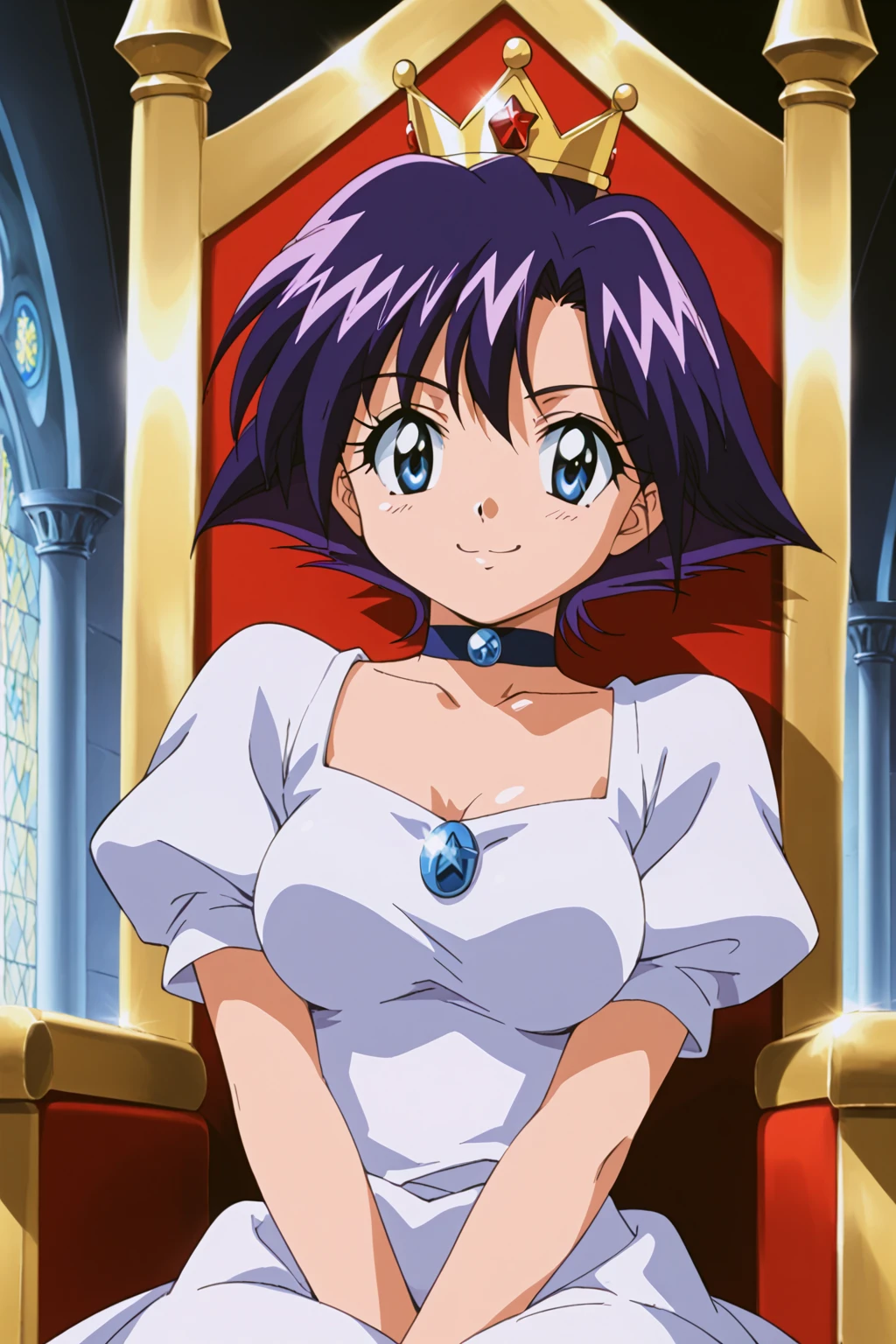 1girl, solo, short hair, blue eyes, jewelry, blue hair, purple hair, choker, cowboy shot, retro art style, 1990s \(style\), Araizumi Rui, castle, crown, white royal dress, neckline, sitting throne, smug, shiny skin, expressiveness, close-up, volumetric lighting,