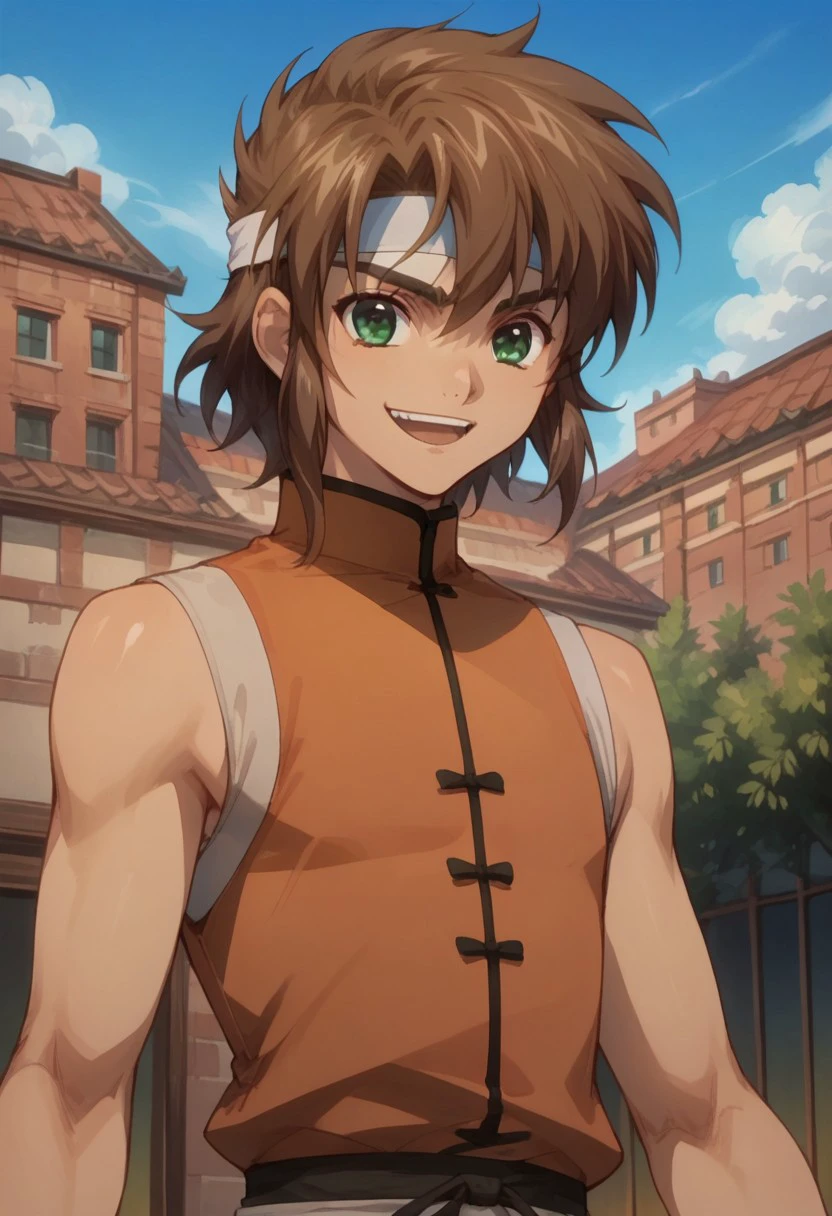 score_9, score_8_up, score_7_up, source_anime, highly detailed, 
ryu, 1boy, male focus, solo, brown hair, green eyes, headband, chinese clothes, sleeveless, wristband, smile, open mouth, 
outdoor, sky, buildings,