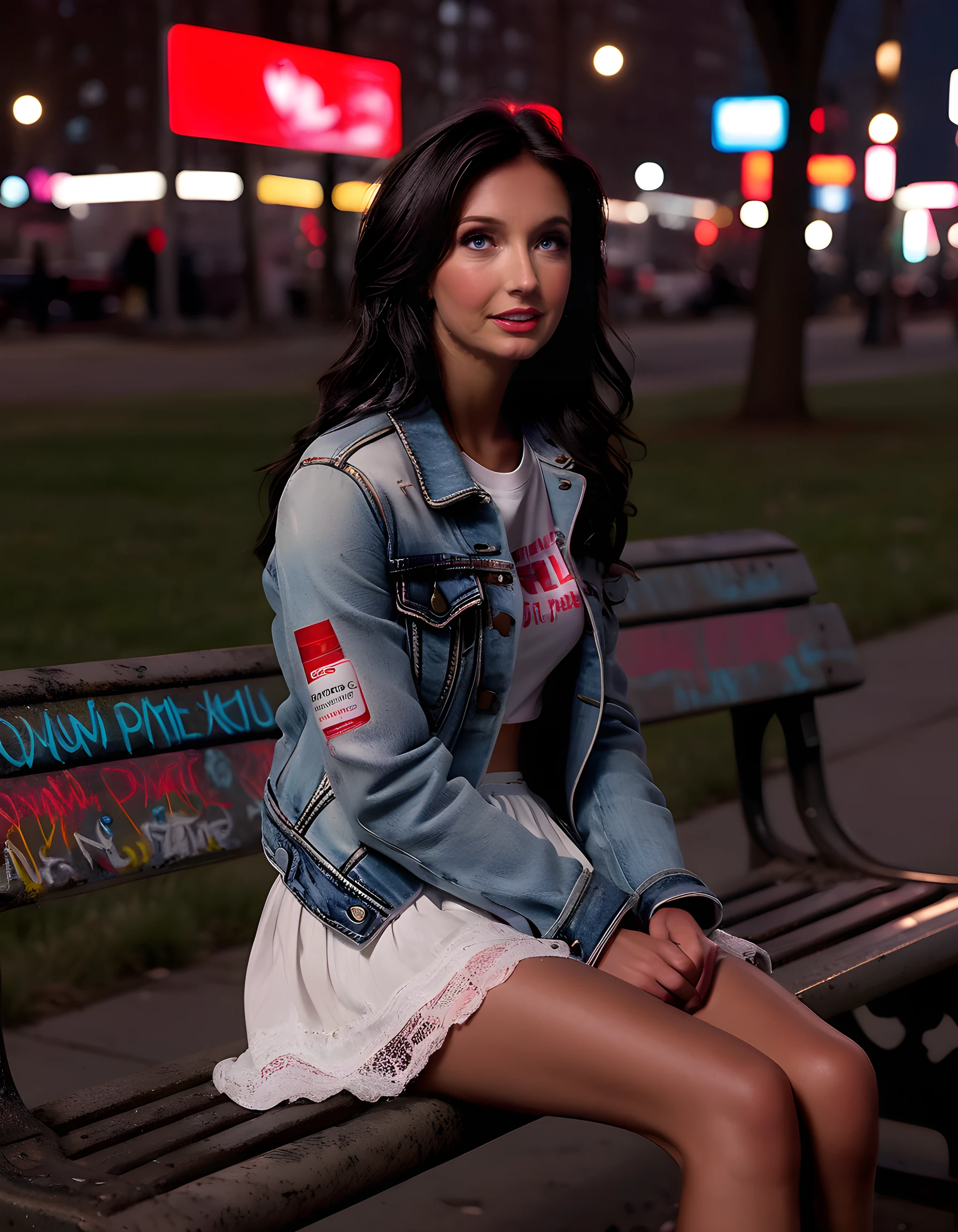 In a gritty, urban setting bathed in the soft glow of neon lights, a striking beauty named Melanie Marie sits on an aged, graffiti-laden park bench. Her cascading black hair frames her expressive brown eyes, which sparkle with determination. She wears a white skirt that billows around her slender legs, and a fitted, distressed denim jacket over a plain white t-shirt that clings to her athletic physique. Her lips are painted a bold red, adding a pop of color against the monochrome cityscape. Her brown leather boots are worn and scuffed, suggesting they've seen many miles. She leans forward slightly, one hand resting on her knee, the other gripping a coffee cup as she gazes intently into the distance, embodying a sense of quiet strength and resilience amidst the chaos of the city that never sleeps.