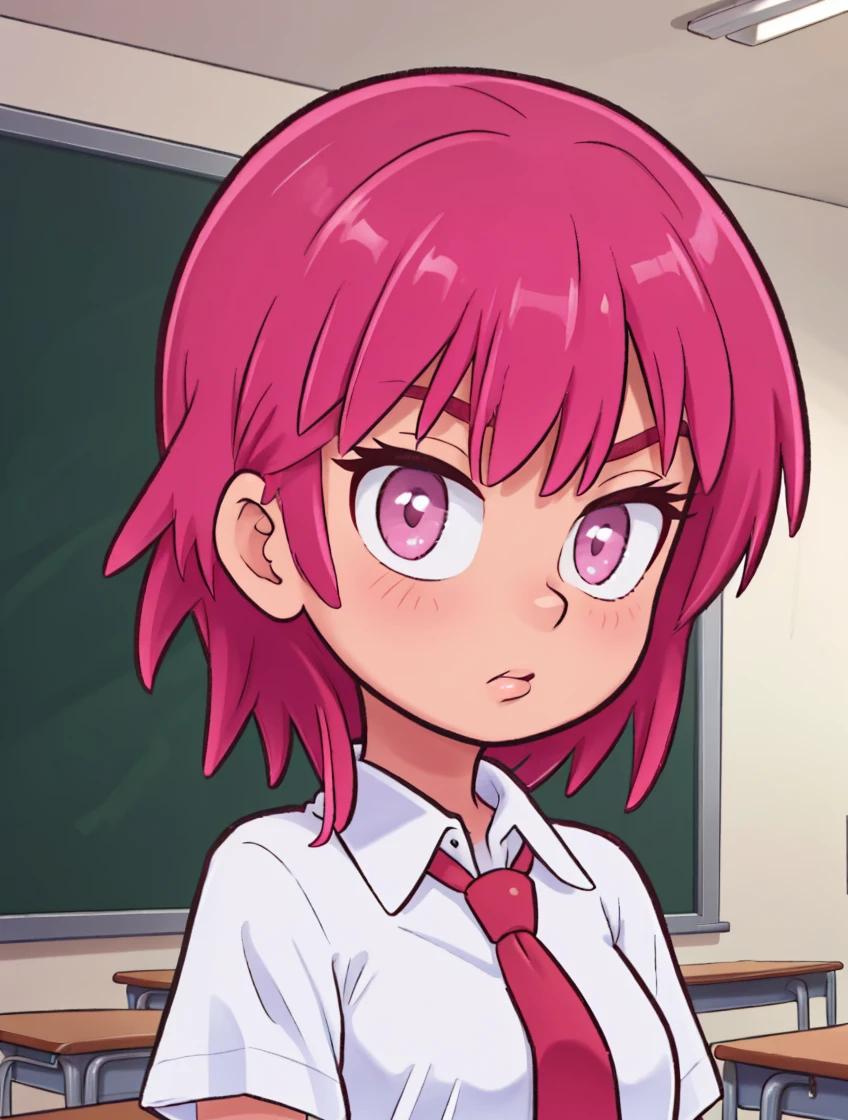 masterpiece, best quality,
1girl, solo,
<lora:hinori-Kakuriyo.sfw.sd15.v2.1:0.6> hinorikakuriyo, pink hair, pink eyes,
school uniform, white shirt, collared shirt, red necktie,
serious,
classroom,