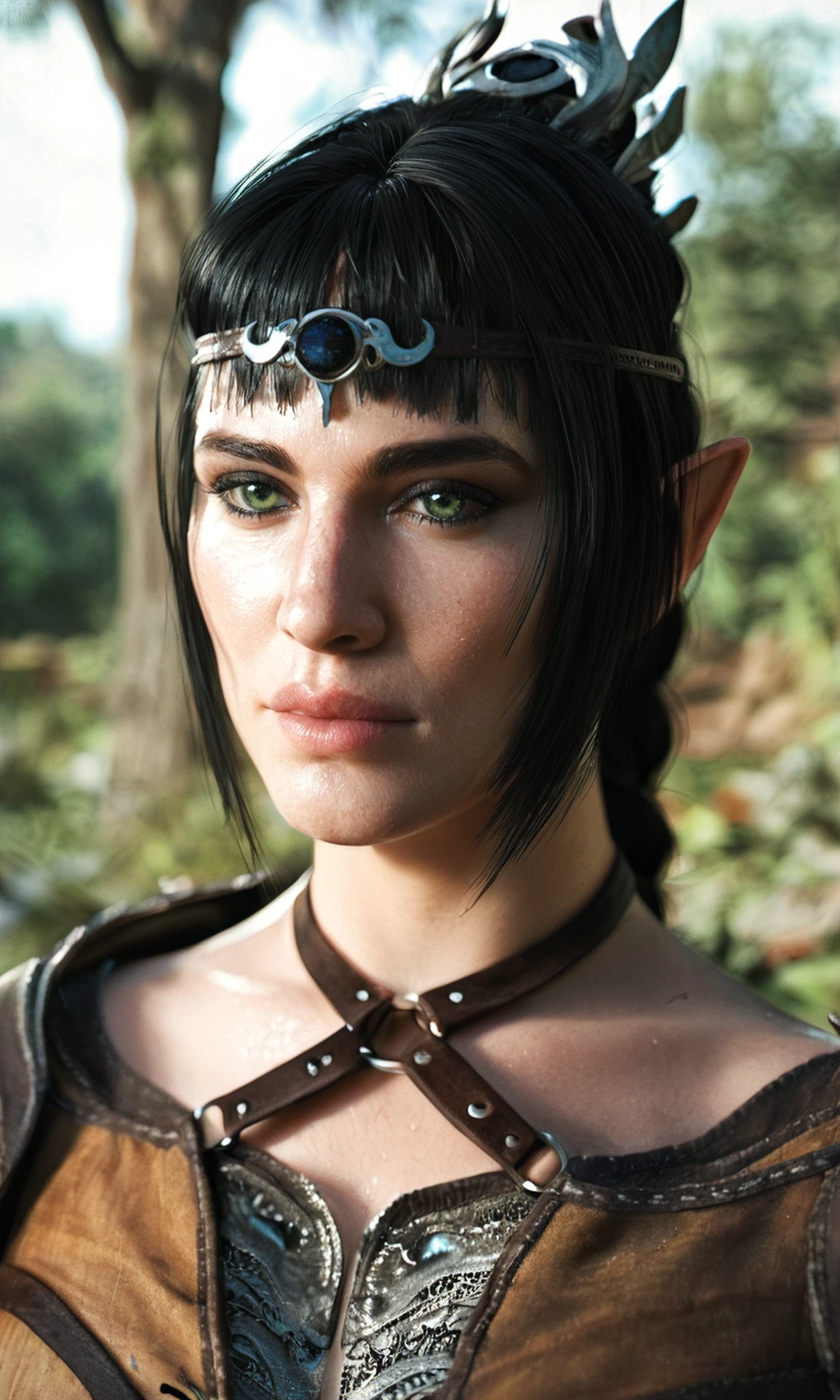 score_9, score_8_up, score_7_up, BREAK, zy_shadowheart, 1girl, black hair, bangs, green eyes, pointy ears, portrait, realistic, photo, real hair, detailed skin, medieval fantasy, forest, highly detailed, detailed skin, depth of field, film grain, <lora:zy_Shadowheart_PonyRealism_v1:0.75>
