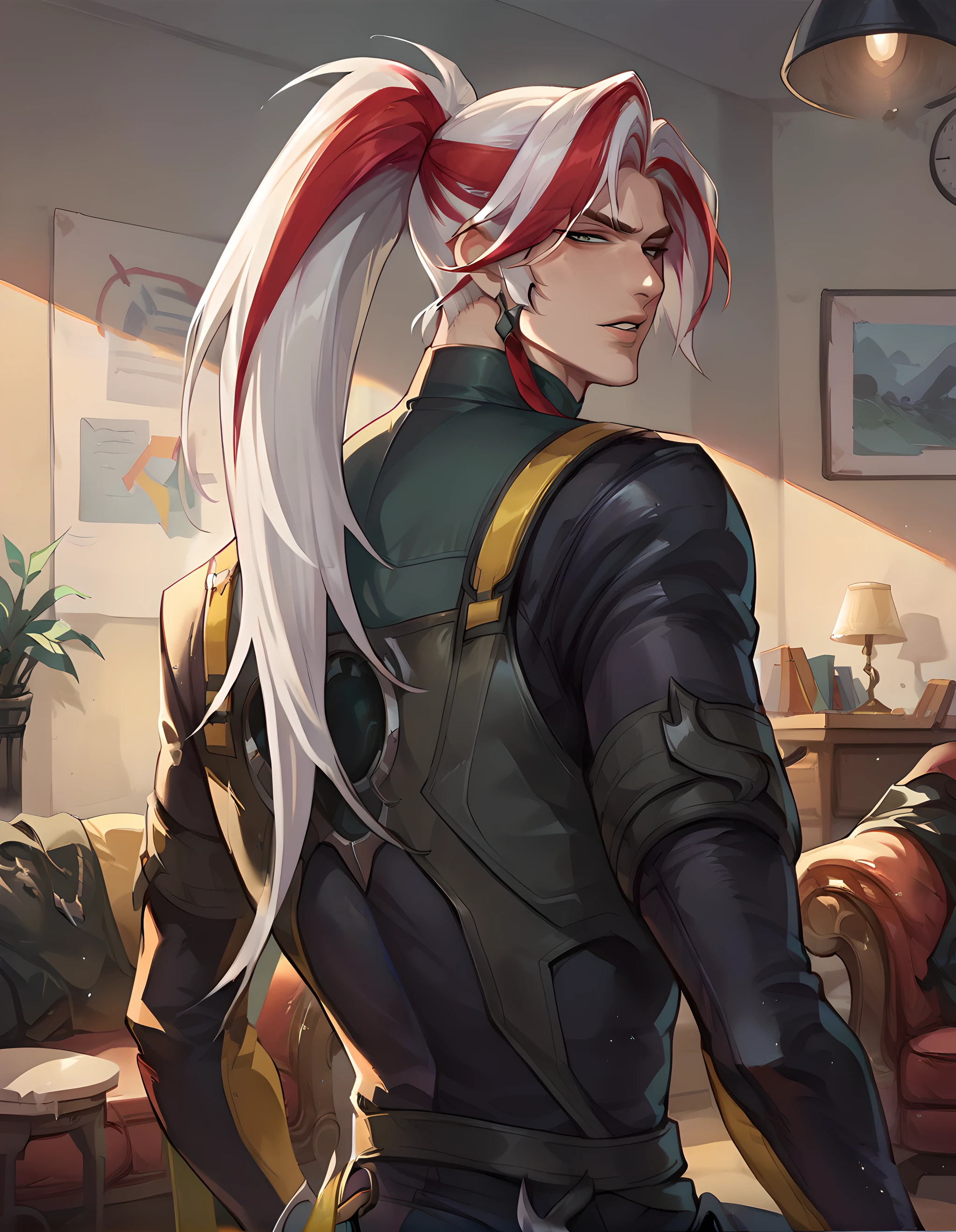 score_9, score_8_up, score_7_up, hs yone, 1boy, solo, long hair, looking at viewer, white hair, 1boy, ponytail, male focus, red hair, parted lips, looking back, indoors, from behind, streaked hair, bodysuit, chair <lora:Heartsteel_Yone_v1:0.85>,