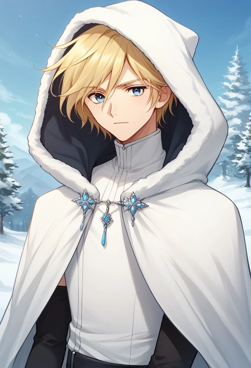 score_9, score_8_up, score_7_up, source_anime, highly detailed, 
fayd, 1boy, solo, male focus, blonde hair, blue eyes, gloves, elbow gloves
black gloves, pants, black pants, upper body, cloak, hood, white cloak
outdoor, snow,