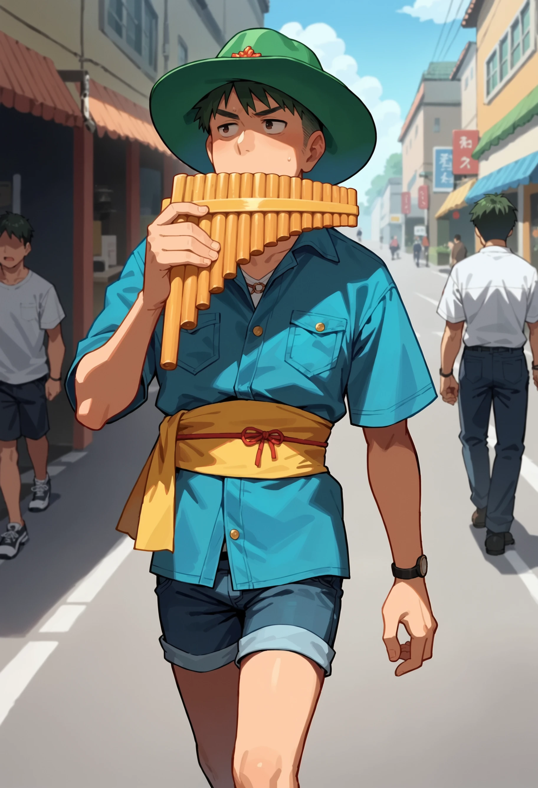 score_9, score_8_up, score_7_up, score_6_up, score_5_up,source_anime, anime screencap, anime coloring, official style, 1boy, solo, male focus, short hair, green hair, green headwear,denim shirt,shorts.sash,
walking on a street,
,playing orange panflute<lora:PanflutePonyV1>
