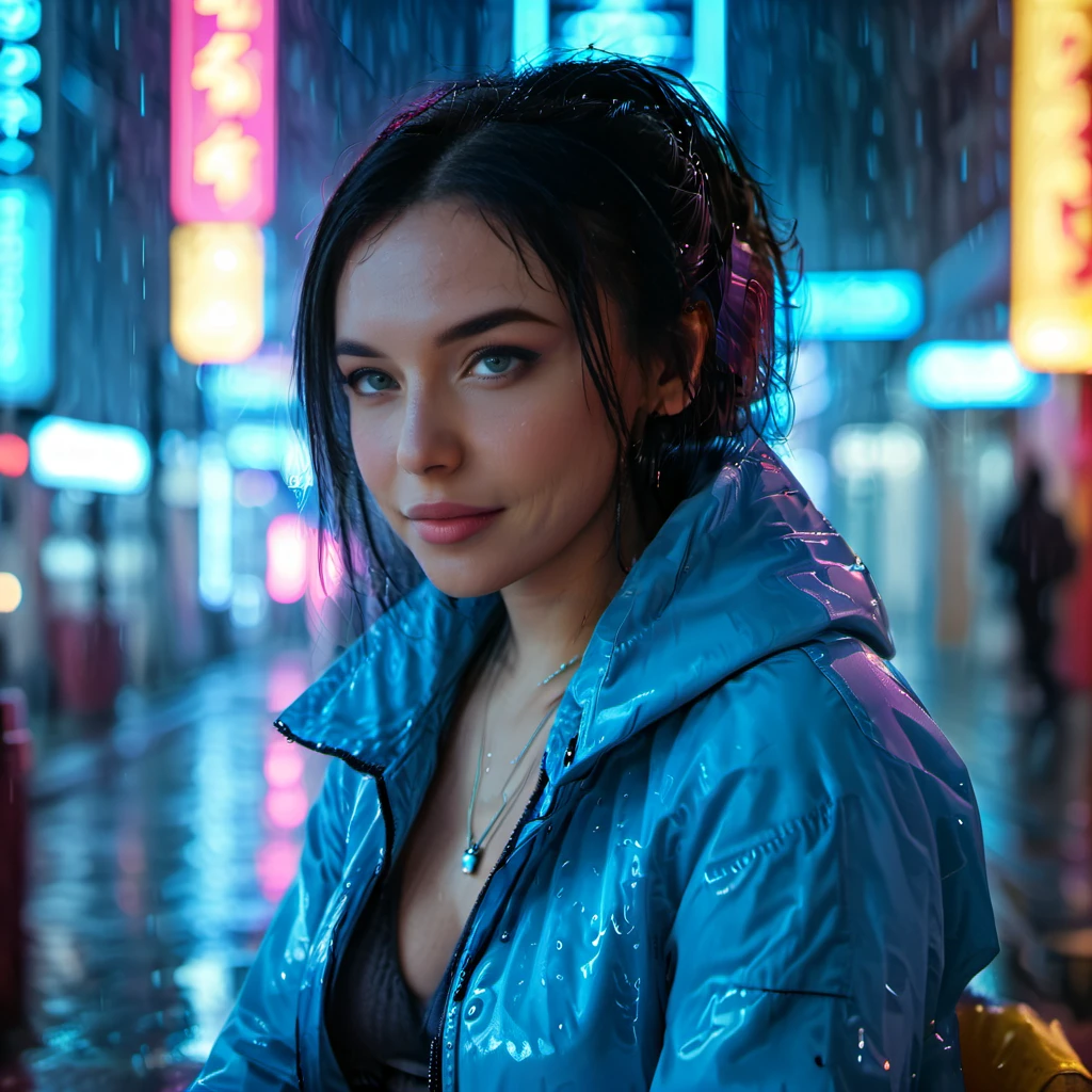 cinematic photo Tracy,dark grey eyes, sitting in the rain,smiling,wearing blue raincoat, relaxed,modern ,cyberpunk city, highly detailed,neon lights, vibrant colors
 <lora:CyberpunkMJXL:0.8>  <lora:Tracy_-_Living_with_Temptation_-_Lesson_of_Passion:0.9> . 35mm photograph, film, bokeh, professional, 4k, highly detailed