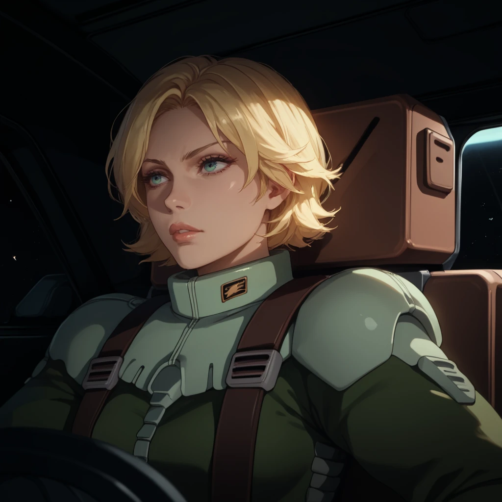 score_9, score_8_up, score_8, solo, adult, <lora:Zeon_Pilot_Mobile_Suit_Gundam_Pony_SDXL:1>, zeon pilot, green flight suit, 1 woman, cockpit view, blonde hair