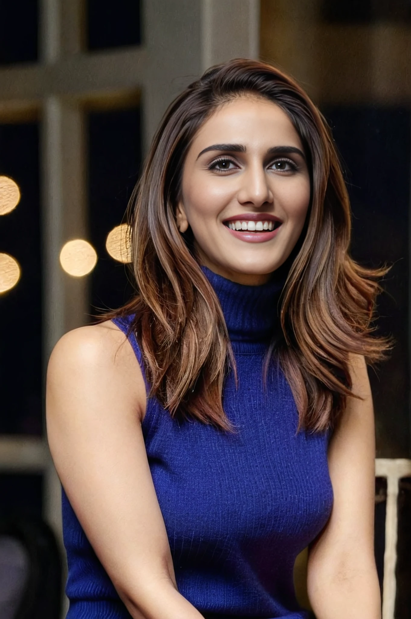 full body photo of vaani kapoor woman, solo,  hair cut, laughing, looking at the camera,  Sage sleeveless turtleneck, night time, contrasting background bokeh,  <lora:Vaani_Kapoor_SDXL_LoRA_prodigy_local_xformers_HNE:1>