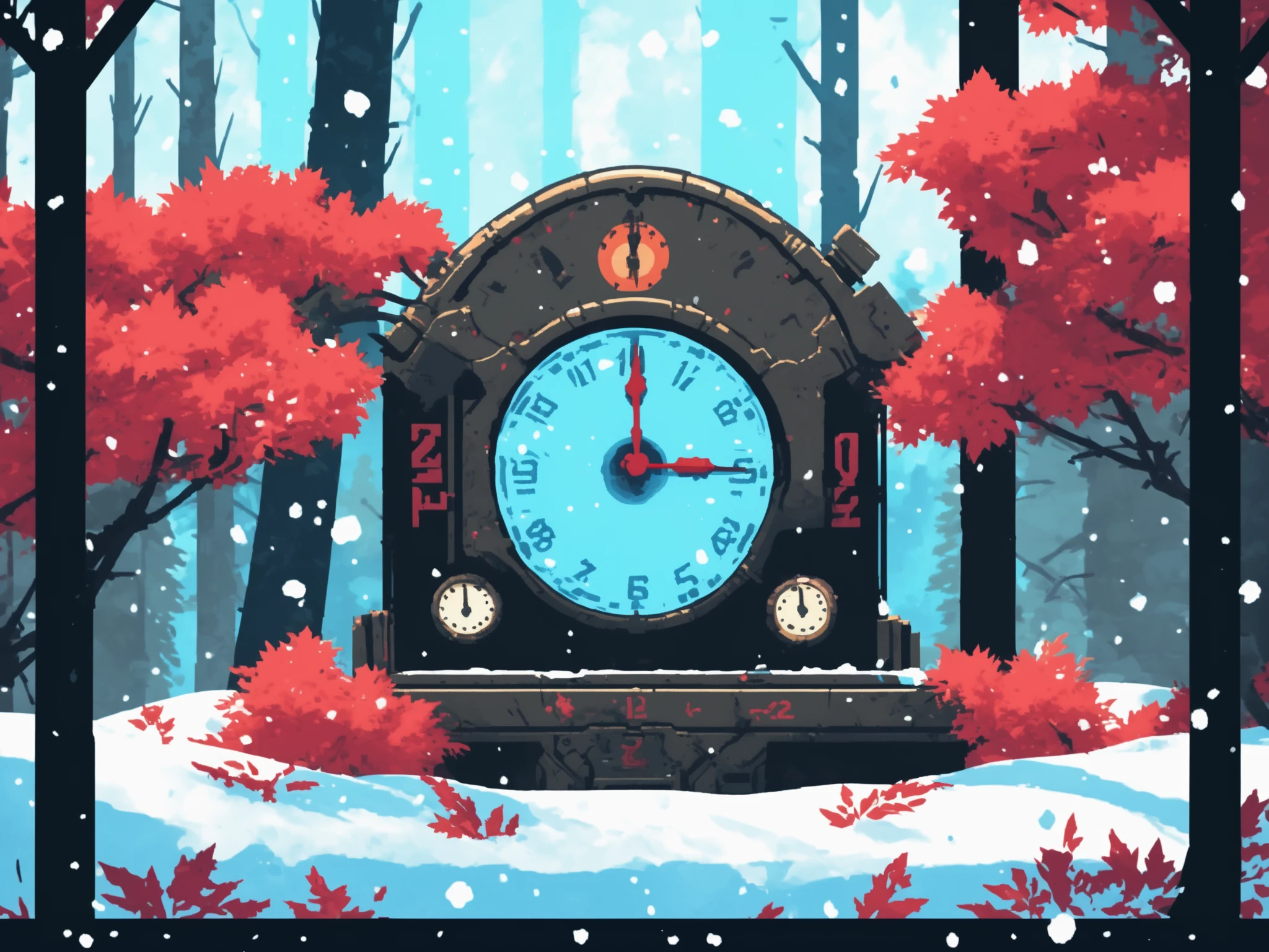 NH2D, a video game scene with a clock in the middle of the scene and a forest in the background with red leaves,snow,winter,<lora:2dmap:0.6>