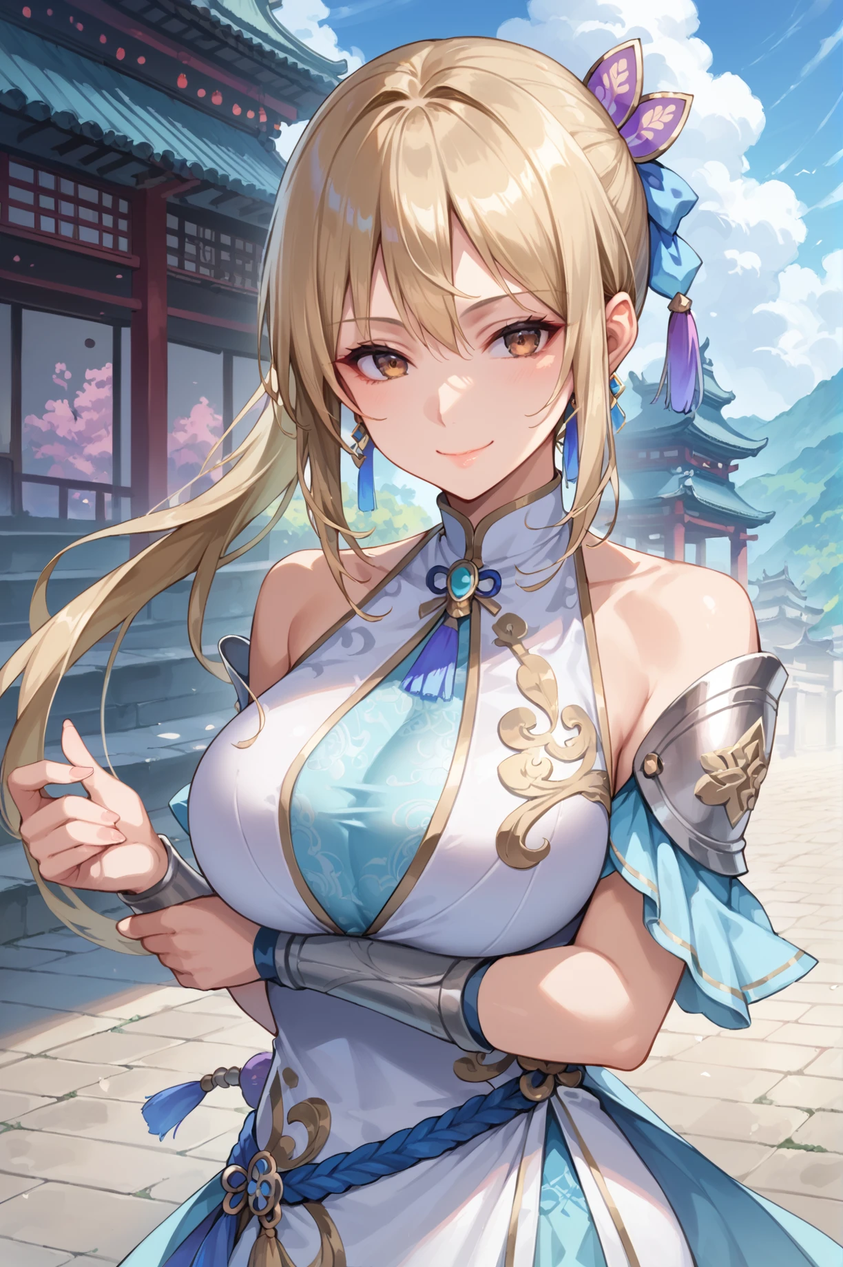 score_9, score_8_up, score_7_up, source_anime, highly detailed, <lora:Wang_Yuanji_Dynasty_Warriors:0.8> solo, 1girl, mature, blonde hair, long hair, tied hair, big breast, dress, hair ornament, earrings, brown eyes, east asian architecture, vibrant color, warm smile, ready pose, photography