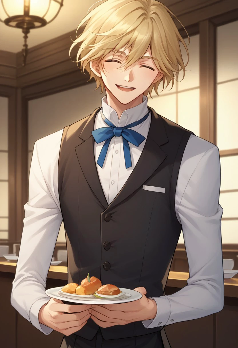 score_9, score_8_up, score_7_up, source_anime, highly detailed, 
fayd, 1boy, male focus, solo, closed eyes, smile, blonde hair, open mouth, smile, vest, waistcoat, waiter uniform, ribbon,
indoor,