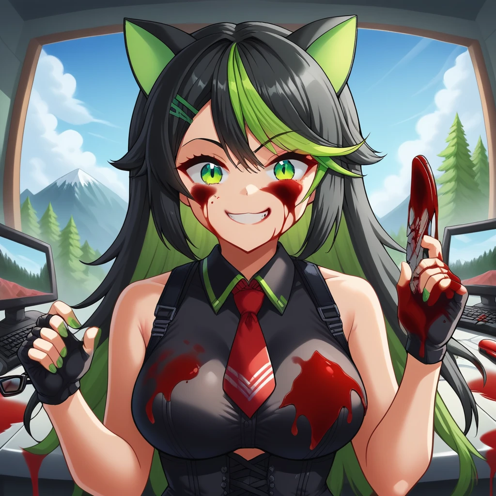 black pleated skirt, green nails, fingerless gloves, eyewear removed, tree, virtual youtuber, multicolored hair, day, blood on weapon, red tie, portrait, mountain, skin tight, green streaked hair, blouse, animal ears, barefoot, blood on clothes, computer, black gloves, hair ornament, tail, black corset, smile, food, red ribbon, breasts, grin