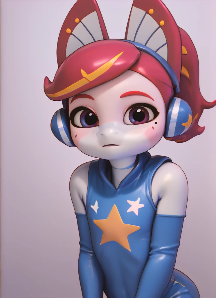 score_9, score_8_up, score_7_up,   <lora:aione:1.0>aione  ,1 girl ,white skin ,red animal ears , mole under eye,  pink hair, blue headphones, ponytail,   blue bodysuit,star print , sleeveless,  blue shorts  ,elbow gloves , looking at viewer,