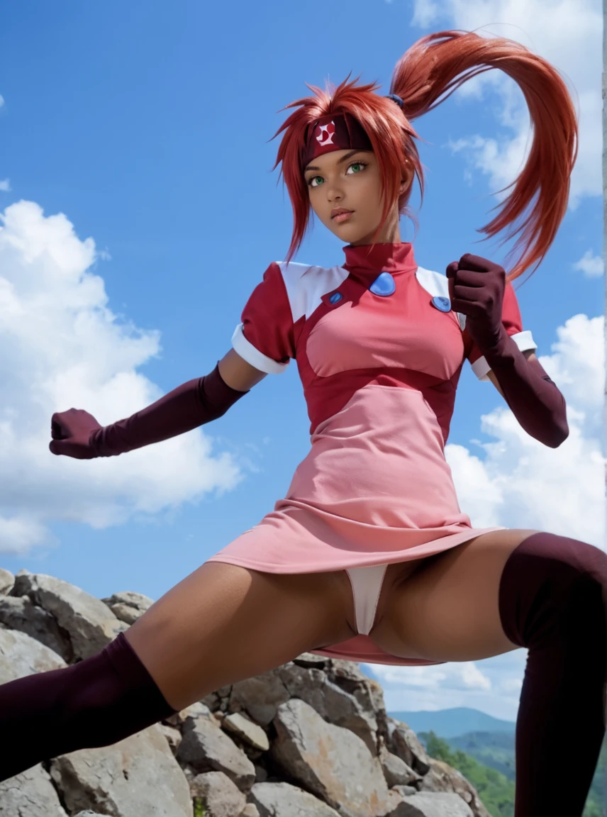 score_9, score_8_up, score_7_up, score_6_up, score_5_up, score_4_up,  best quality, 1girl, dark skinned girl, solo, red hair, Ponytail, anime hair, headband with a blue stone in the middle, green eyes,  red and pink outfit, elbow gloves, skirt,  thigh socks, lips intertwined, looking at the viewer,    <lora:Shayla_El_Hazard:0.8> kick, leg in the air,  sky,