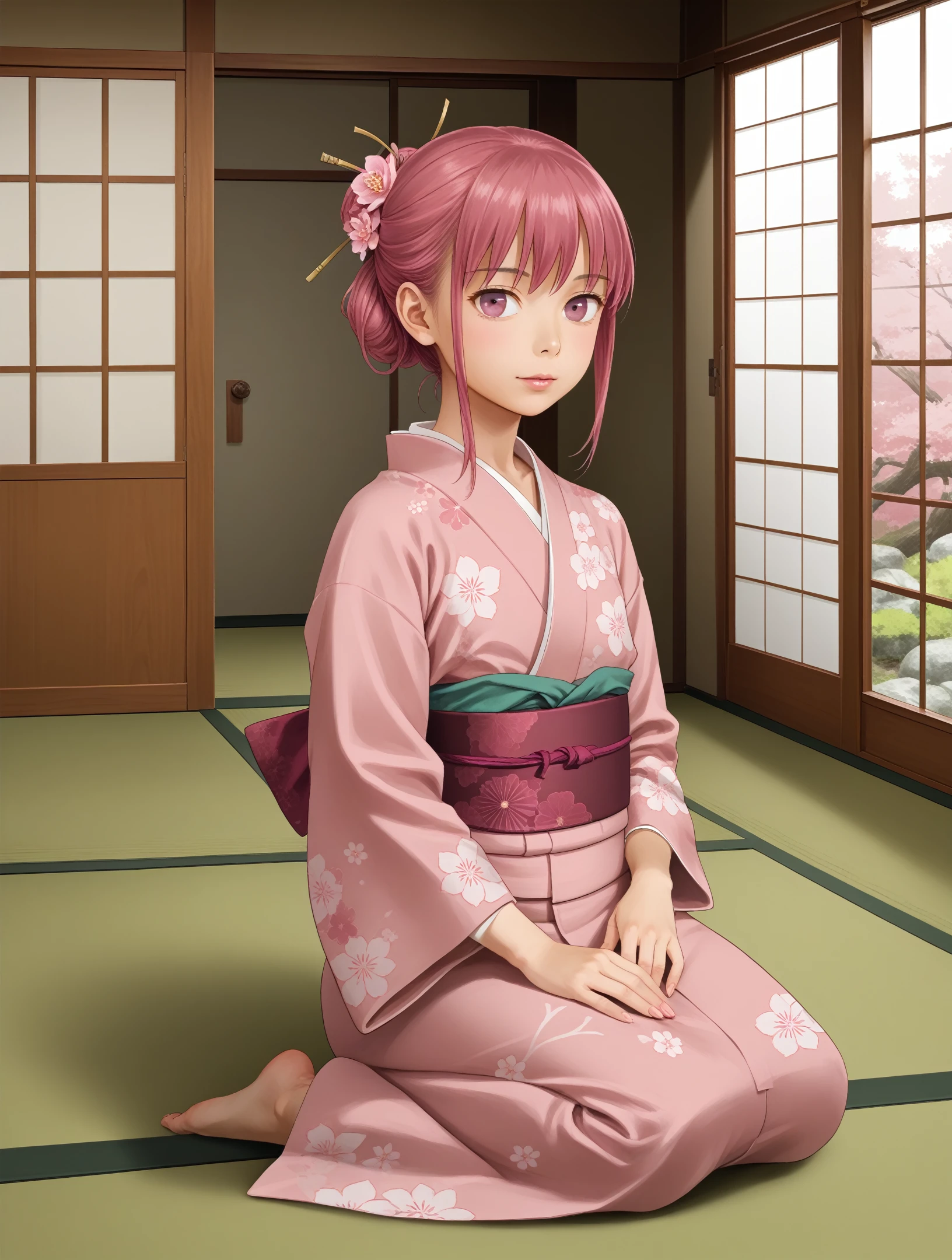 score_9, score_8_up, score_7_up,
realistic,
1girl,solo,
 <lora:hinori-Kakuriyo.sfw.pony.v2:0.55> hinorikakuriyo, pink hair, pink eyes,
kimono, 
japanese room, tatami,