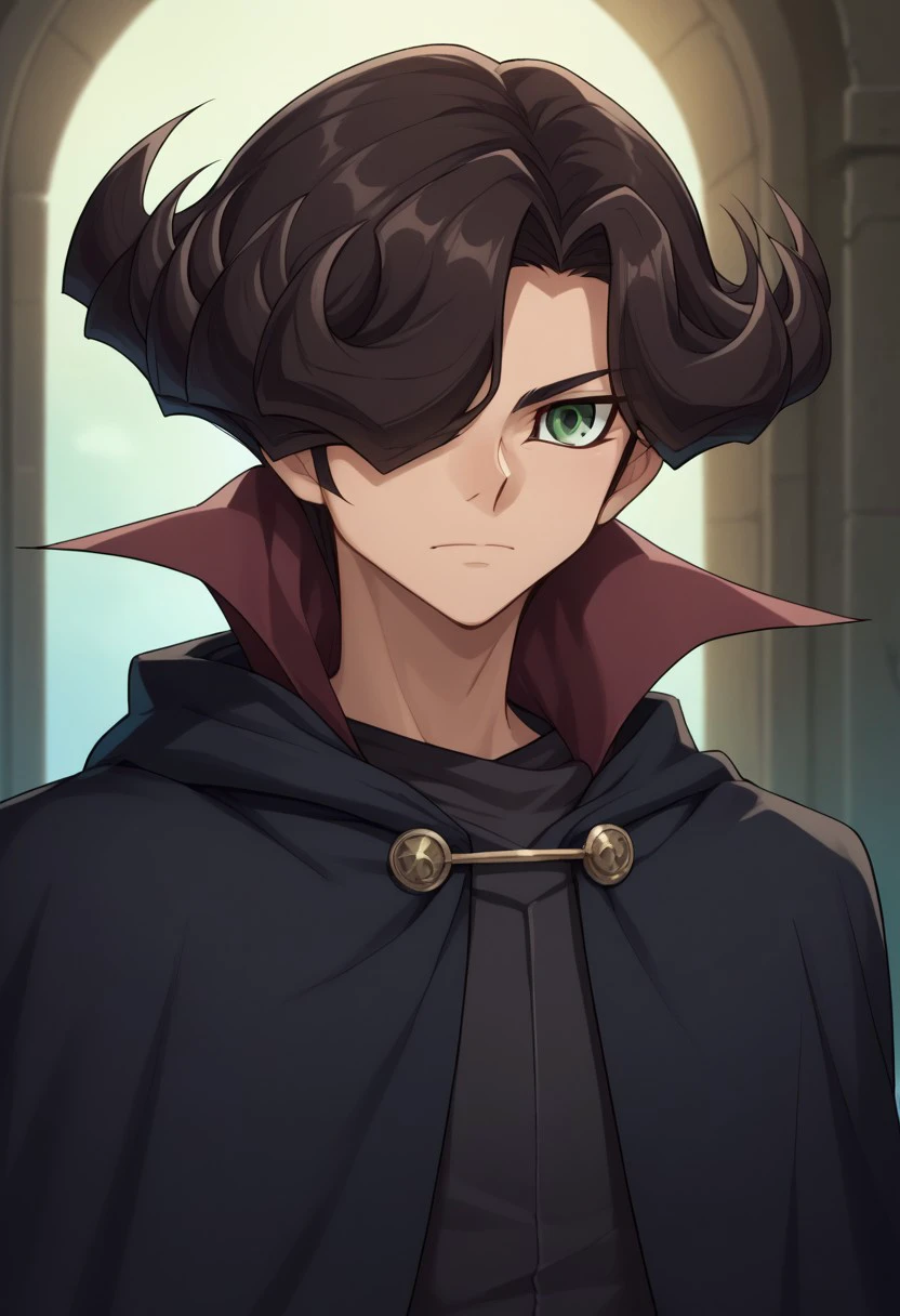 score_9, score_8_up, score_7_up, source_anime, highly detailed, 
alito, solo, 1boy, male focus, hair over one eye, green eyes, upper body, cloak, closed mouth, high collar, black cloak, anime coloring, brown hair,