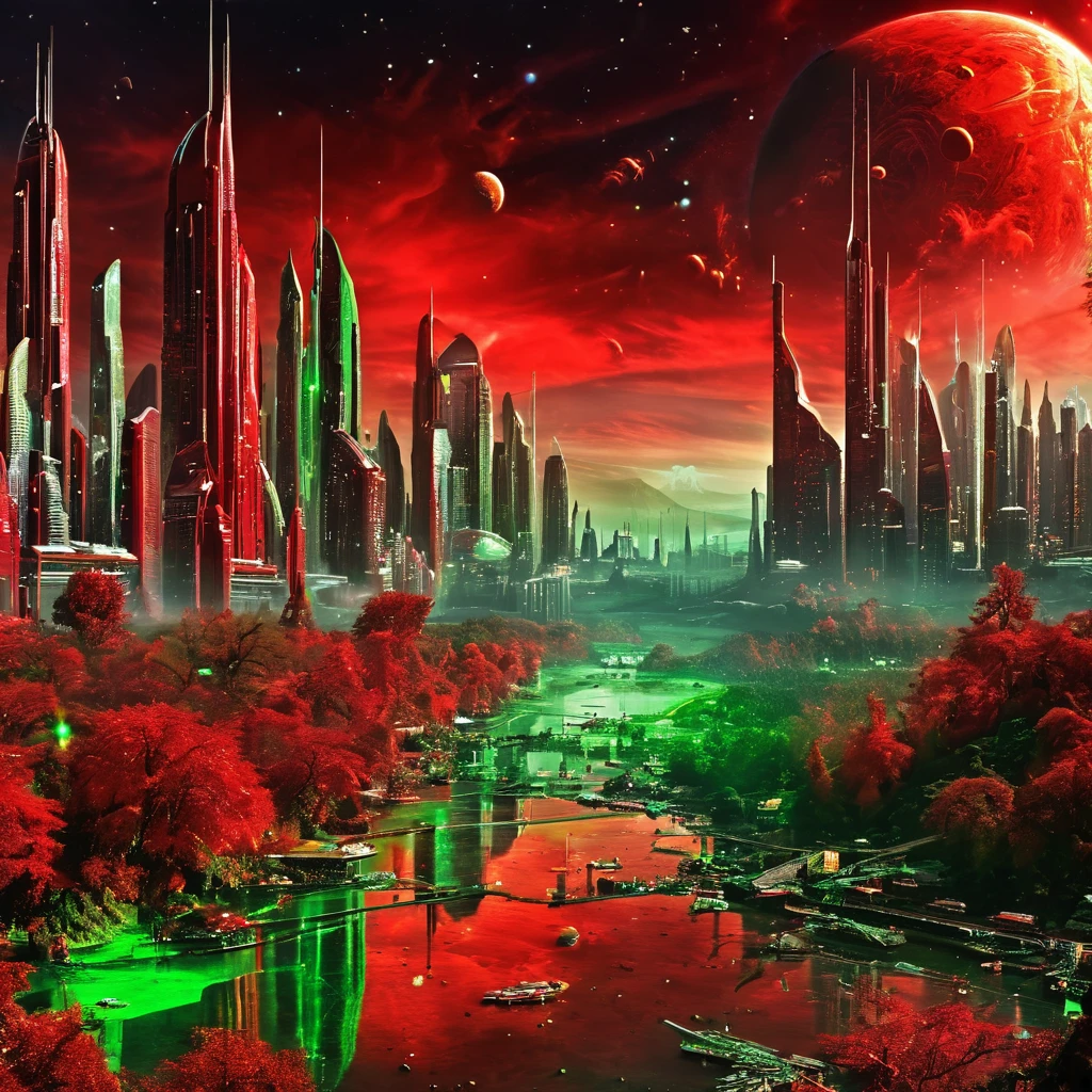 masterpiece,high resolution.
,alienworld, 
city,scenery,red and green theme,
, <lora:Alien_World-xl-8:0.6>,