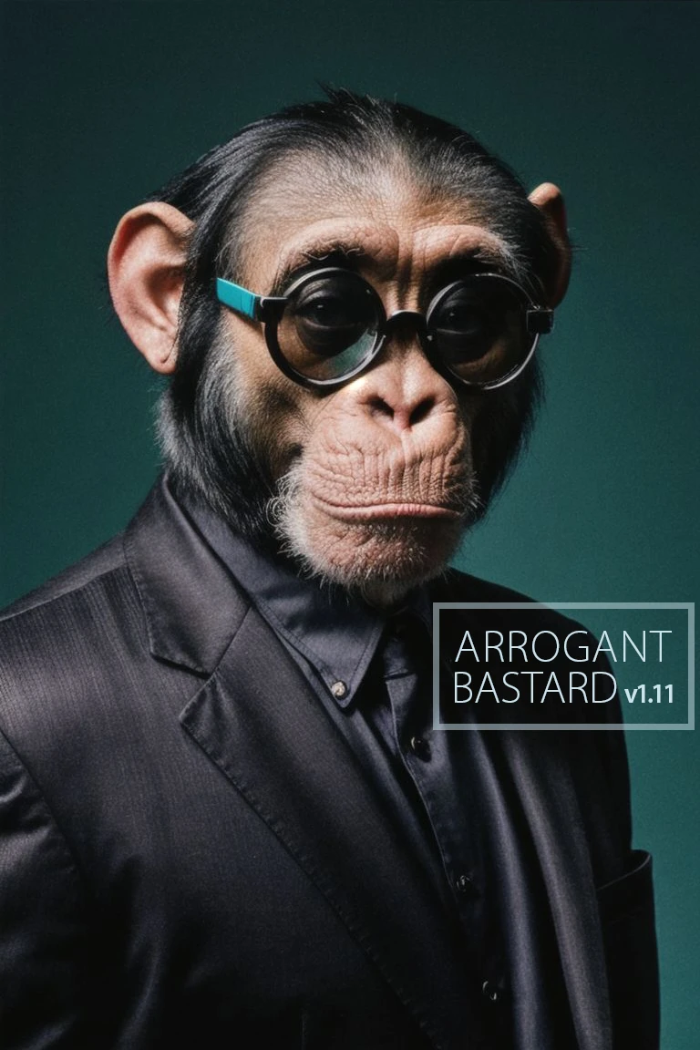 8k, RAW Editorial Photo of an old chimpanzee wearing a highly-detailed black suit and retro sunglasses. purple and turquoise color blocks as the background,