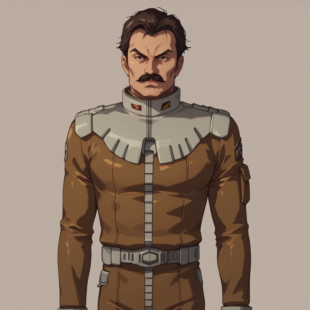 score_9, score_8_up, score_8, solo, adult, <lora:Zeon_Pilot_Mobile_Suit_Gundam_Pony_SDXL:1>, zeon pilot, brown flight suit, 1 man, standing, mustache, ramba ral