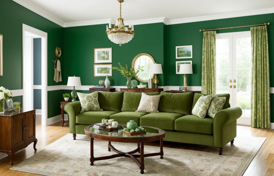 Design a living room with a green color scheme, featuring a sofa, television, and an assortment of stylish design objects. Incorporate a wooden door with an ornate rosette-mounted doorknob, ensuring that the doorknob is not prominently in the foreground.