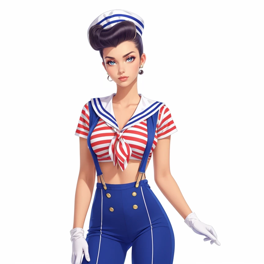 1girl, solo, (Pompadour with Hard Part:1.3), hud_rwb_s4ilor, hat, gloves, overalls, striped crop top, pants, suspenders, sailor hat, sailor, <lora:rwbsail15-000009:0.8>, ship