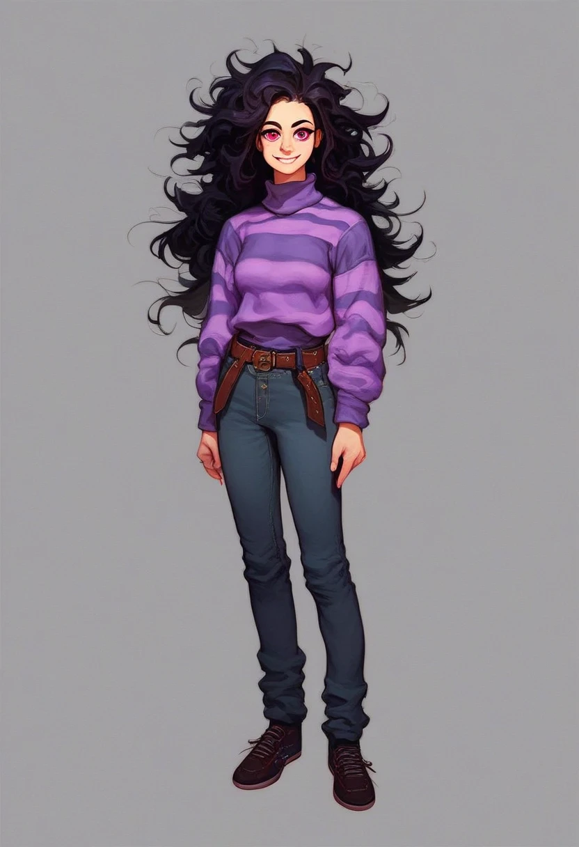 sarah_henderson, solo, long hair, smile, simple background, shirt, black hair, red eyes, 1girl full body, striped, belt, pants, pink eyes, grey background, sweater, messy hair, purple sweater, source, no outline