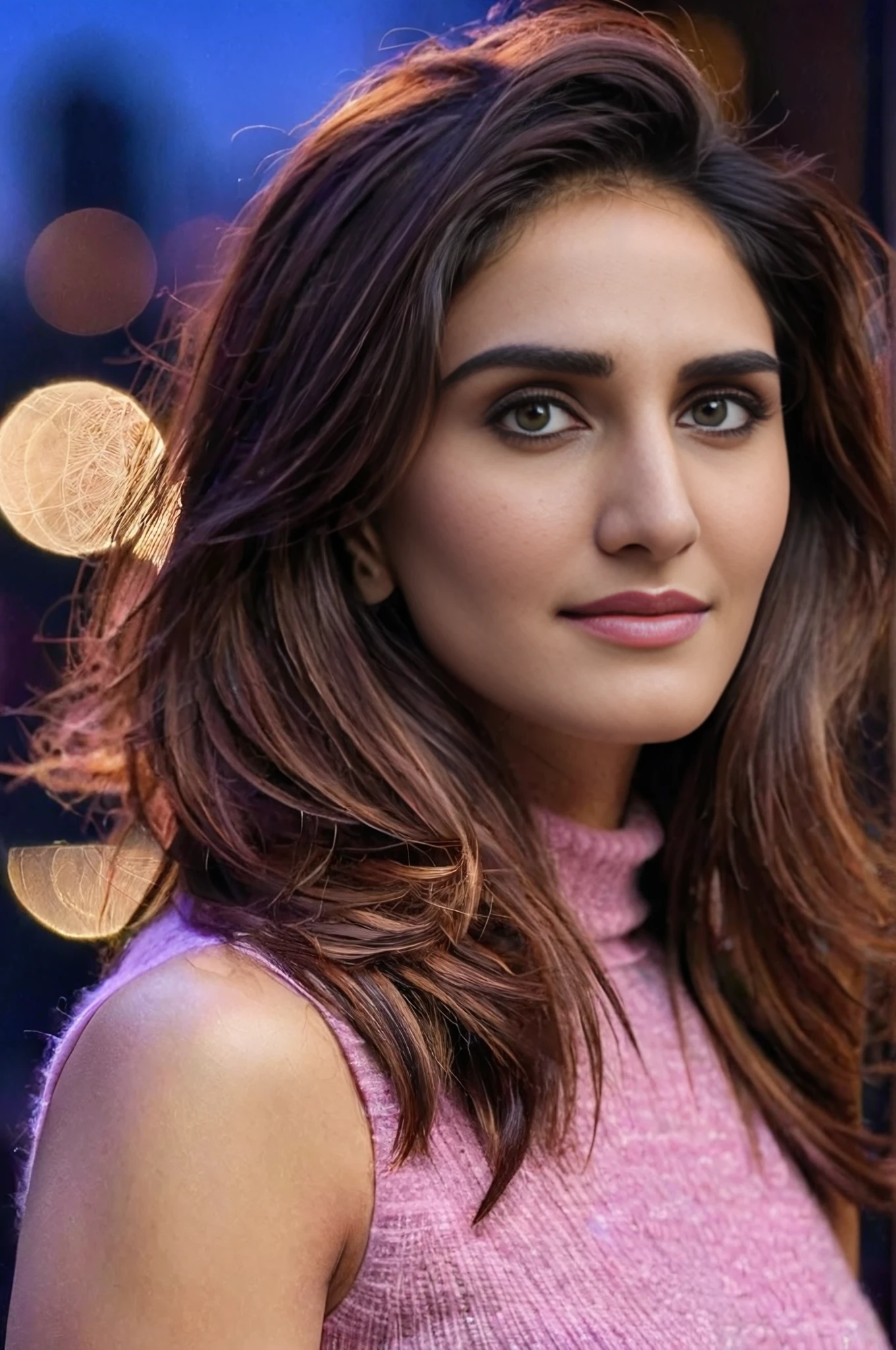 portrait photo of vaani kapoor woman, solo, messy hair cut, , looking at the camera,  Rose Quartz sleeveless turtleneck, night time, contrasting background bokeh,  <lora:Vaani_Kapoor_SDXL_LoRA_prodigy_local_xformers_HNE:1>