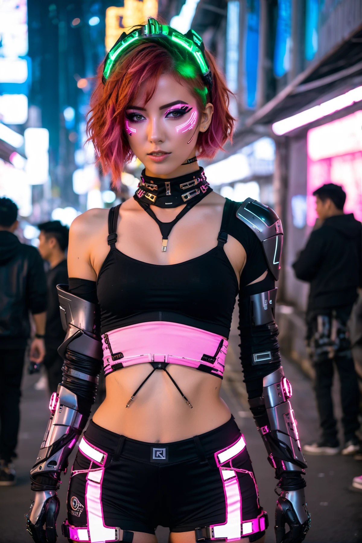 dxhr style <lora:dxhr_v2_sdxl:1> a sexy woman with [green:red:0.2] hair wearing a black crop top and [pink|pink with gold embroidery] shorts, anime cosplayer, posing in an urban street, cyberpunk beautiful girl, cyborg long gloves, cyborg brushed metallic neck, (detailed robotic cyborg face:1.2) with wires and glowing lines, posing in neo - tokyo futuristic, neon tokyo, standing in street