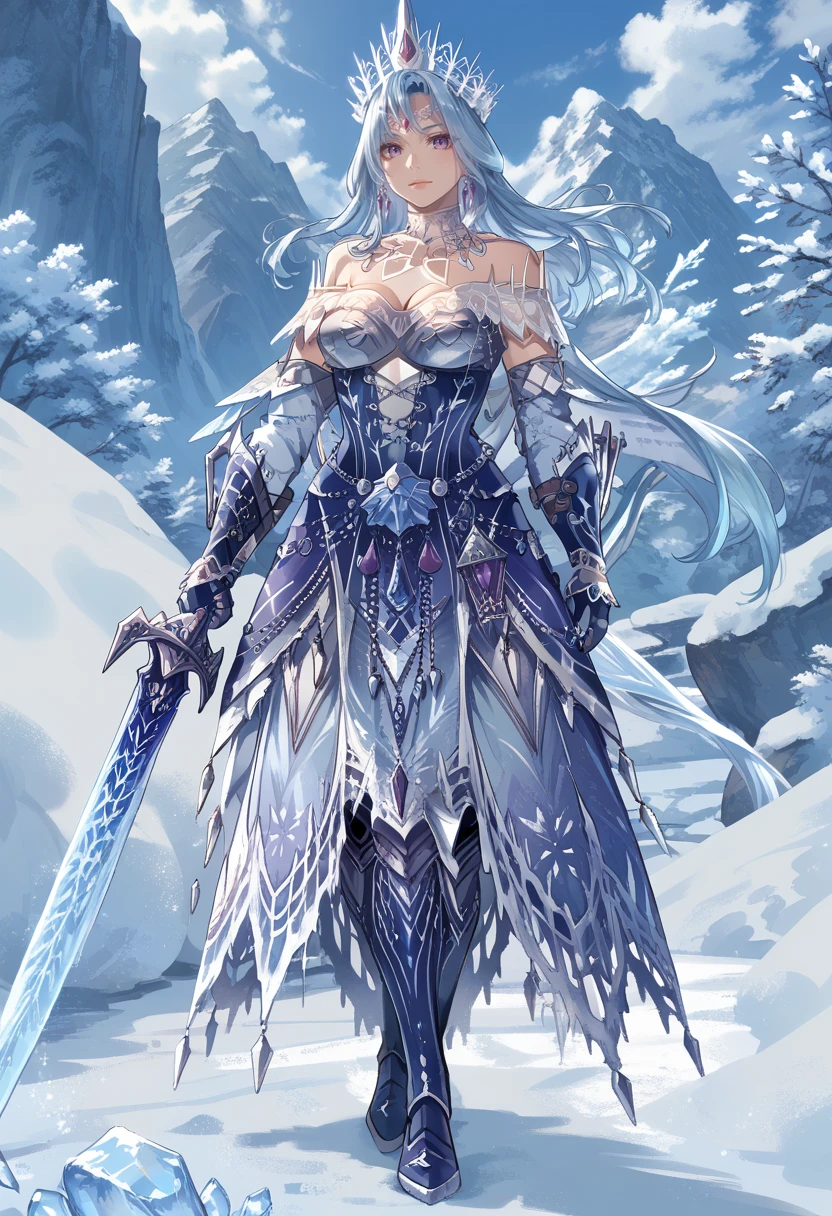 (score_9:0.9),score_8_up,score_7_up,rating_safe,anime style,(zPDXL),<lora:velkhana beta armor ponyXL v1.2:0.8>,velkhana armor,1girl,solo,large breasts,blue hair,full body,looking at viewer,long hair,silver crown,purple eyes,blue gloves,blue long dress,blue thigh boots,standing,huge blue sword,hand on own hip,holding huge weapon, ice, snow