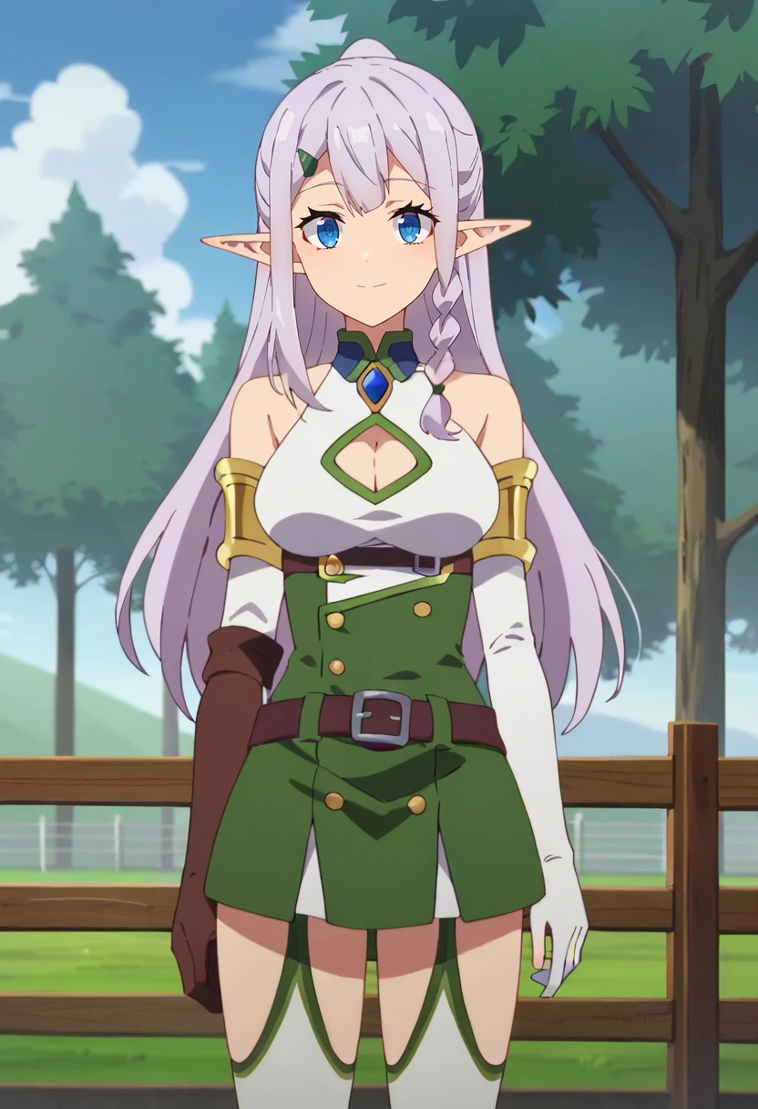 masterpiece, best quality, 1girl, solo, spoken heart,
outdoors, blue sky,
<lora:chara_IsekaiNonbiriNouka_Ria_v1:0.8> ria, ria_\(isekai_nonbiri_nouka\), blue eyes, tareme, eyelashes, pink hair, very long hair, braid, side braid, frentch braid, single braid, half updo, ponytail, hair between eyes, sidelocks, hair ornament, hairclip, pointy ears, elf, medium breasts,
gem, dress, green dress, two-tone dress, white dress, sleeveless, sleeveless dress, gloves, elbow gloves, white gloves, armlet, jewelry, cleavage cutout, belt, short dress, thighhighs, white thighhighs, bare shoulders,
pantyshot, underwear, panties, red panties, , crotch seam, wind lift, thick thighs, cameltoe,
looking at viewer, from below, looking down, close-up,
smile, closed mouth,