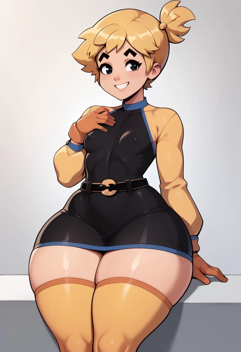 score_9, score_8_up, score_7_up, , shiny skin:0.1, source_anime, , deep skin,, high quality, highres, , 1girl, (curvy), ((wide hips)),, thick thighs, cute, , sexy, small breasts, PAC, Solo, black eyes, side ponytail, short ponytail, short hair, yellow hair, yellow stockings, orange mittens, yellow shirt, long sleeves, black dress, two-tone dress, two-tone shirt, belt, thick eyebrows, smile