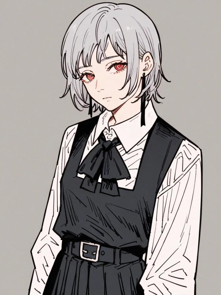 score_9, score_8_up, score_7_up, 
1girl, grey hair, red eyes, fami csm, ringed eyes, medium hair, looking at viewer, expressionless, 

standing, school uniform, black pinafore, black ribbon, neck ribbon,