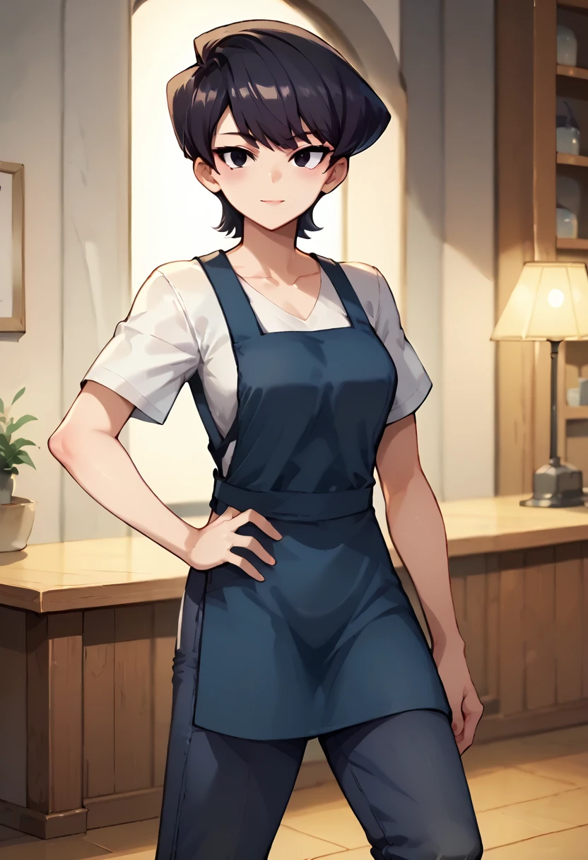 <lora:KomiMompony-10:1>KomiMompony, 1girl, solo, short hair, black hair, black eyes, mature female, white shirt, blue pants, lamp, pantylines, black apron, counter, blue apron, Dancing with one hand on the hip,, score_9, score_8_up, score_7_up, score_6_up, score_5_up, score_4_up,