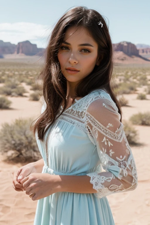 Cream boho midi dress, lace, paired with tan gladiator sandals and a turquoise ring a breathtaking analog glamour photo:1.3 of a sexy woman <lora:PriscilaSol:1>, brown eyes,long hair,  styled hair, 4k, RAW photo, best quality, 35mm, depth of field, ultra high res:1.1),(intricate, photorealistic, cinematic-shot, masterpiece, ultra-detailed:1.1), clear blue sky, cactus, desert,  looking at viewer