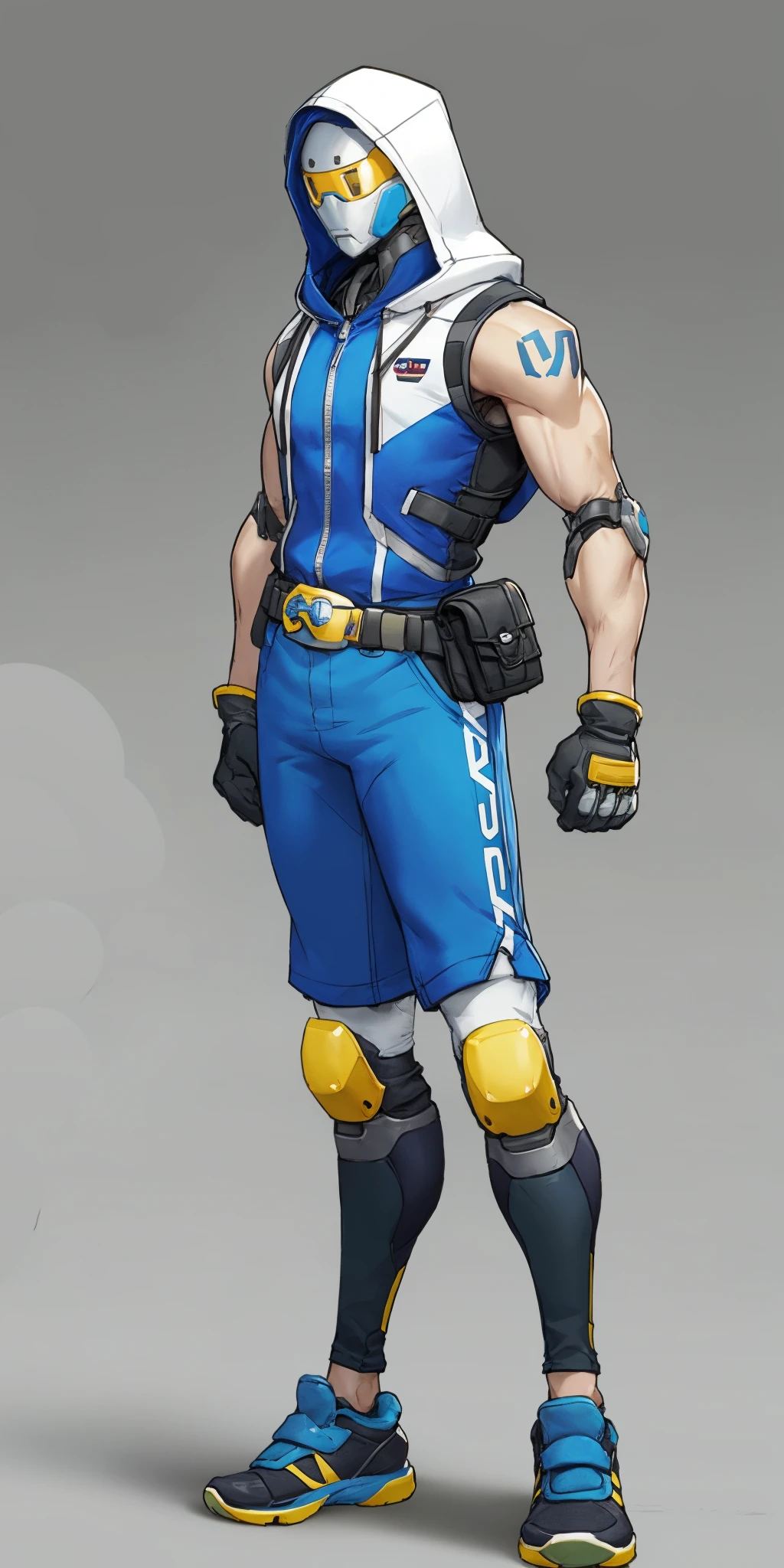 HEZI,game character design,Overwatch style,European and American character design,solo,blue shorts,shorts,humanoid robot,1boy,male focus,belt,standing,grey background,blue jacket,full body,1other,dreadlocks,jacket,hood,robot,knee pads,shirt,white background,shoes,vest,hood up,blue pants,torn clothes,gradient,bodysuit,pouch,cable,black footwear,blue shirt,black shirt,gradient background,sleeveless,open hands,gloves,shadow,blue gloves,fewer digits,simple background,sleeveless jacket,<lora:å®æåéäººç©è®¾è®¡-000013:0.7>,