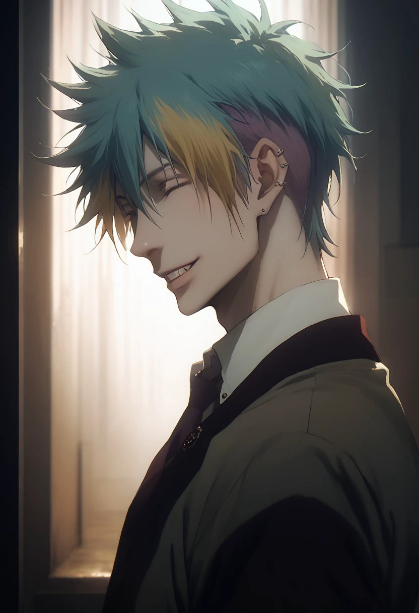 score_9, score_8_up, score_7_up, source_anime, rating_safe, Claveath, 1boy, male focus, evil smile, realistic lighting, dark blurry indoors, heavy shadow contrast, dramatic side view lighting, jewelry piercings, teeth, sweet dreams darling~