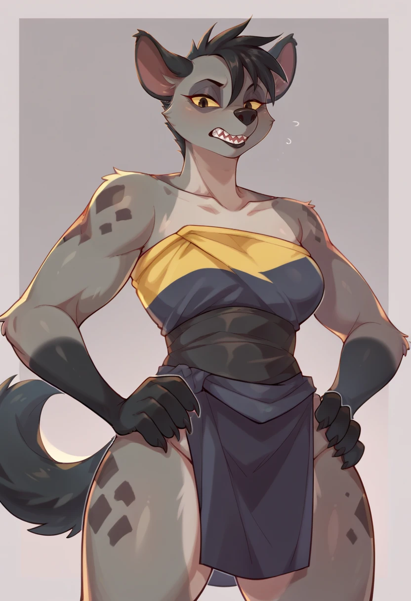 score_9,score_8_up,score_7_up BREAK <lora:shenzi:0.9>,shenziSDXL,1girl,short hair,shirt,black hair,animal ears,bare shoulders,collarbone,tail,yellow eyes,black eyes,sash,strapless,wolf ears,sharp teeth,claws,furry,colored sclera,furry female,body fur,grey skin,yellow sclera,snout,black fur,grey fur,very short tail,cowboy shot,room,room background,looking at viewer, from below,  hands on hips,